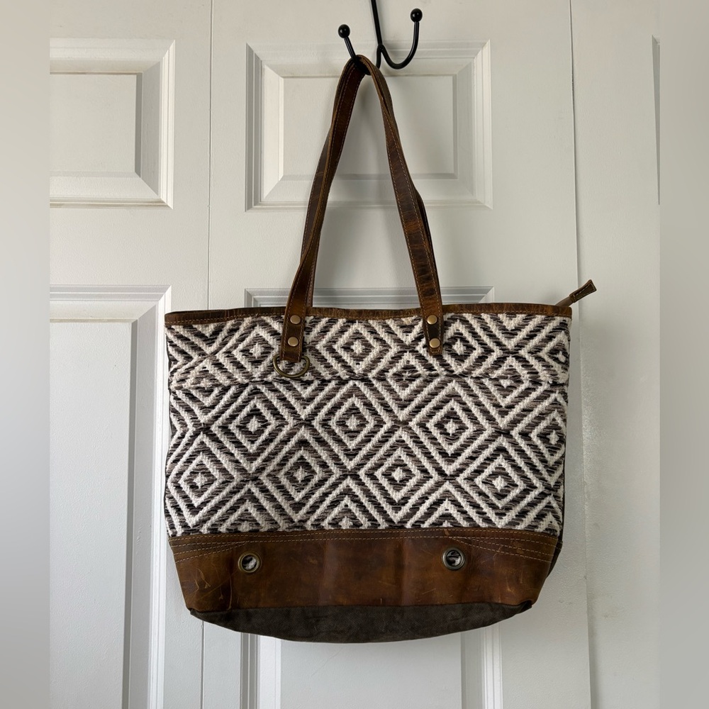 Myra Bag Cream and Brown Cotton Leather Tote